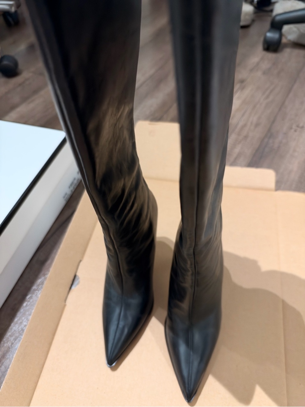 Aldo Black Leather Pointed-Toe Stiletto Knee Boots